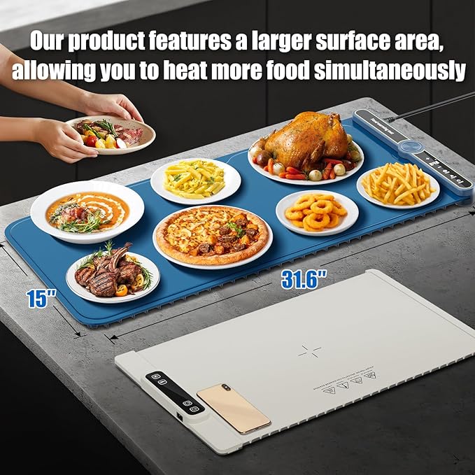Warming Mat for Food extra large, Silicone Heating Mat For Food, 15"x31.6" Foldable Food Warming Mats for Countertops, Parties, and Daily Use with Timer and 9 Temperature Levels