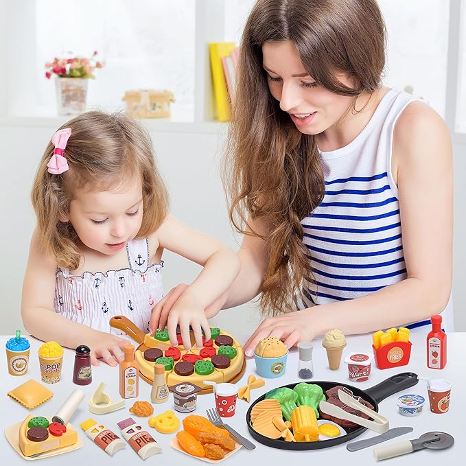 Pretend Food for Toddlers, Play Food Sets for Kids Kitchen with Frying Pan, Pretend Play Kitchen Accessories for Kids, Learning & Educational Toy for Girls Boys