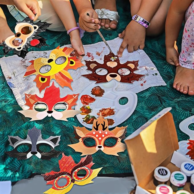 Funrous 24 Pcs Fall Craft Kits Autumn Maple Leaf DIY Mask Color Your Own Animal Blank Painting Paper Mask Thanksgiving Craft