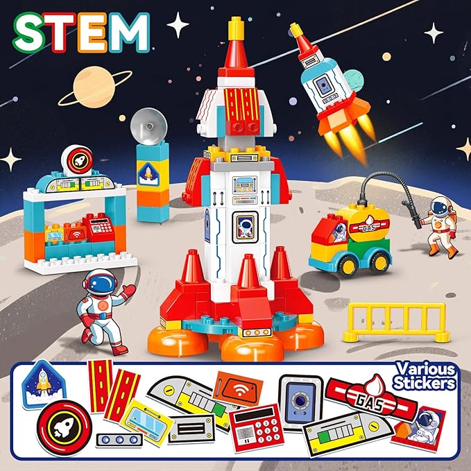 Building Blocks for Toddlers 1-3-5, 131 Pcs Space Rocket STEM DIY Big Classic Building Bricks Toys Set for Kids Ages 2-4-5-8, Compatible With All Major Brands, Spaceship Gift Toy for 3-5 Boys Girls