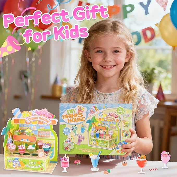 DIY Mini Drink Shop Toy, Making 24 Miniature Juice Drinks Cream Material Kit, NOT Edible, Collectible, Kitchen Pretend Play Food Toys Set, Make Your Foods, Gift for Kids Age 8+