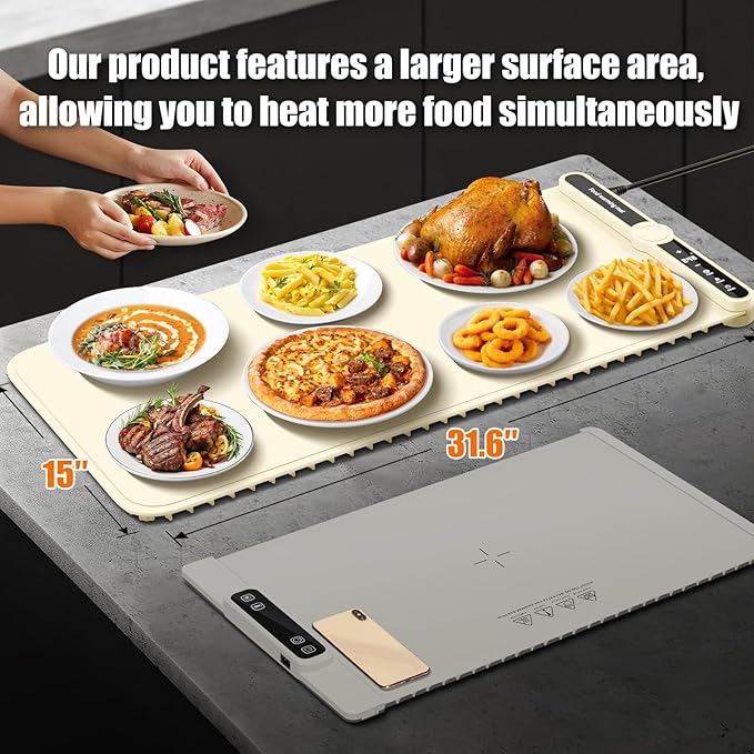 Warming Mat for Food extra large, Silicone Heating Mat For Food, 15"x31.6" Foldable Food Warming Mats for Countertops, Parties, and Daily Use with Timer and 9 Temperature Levels