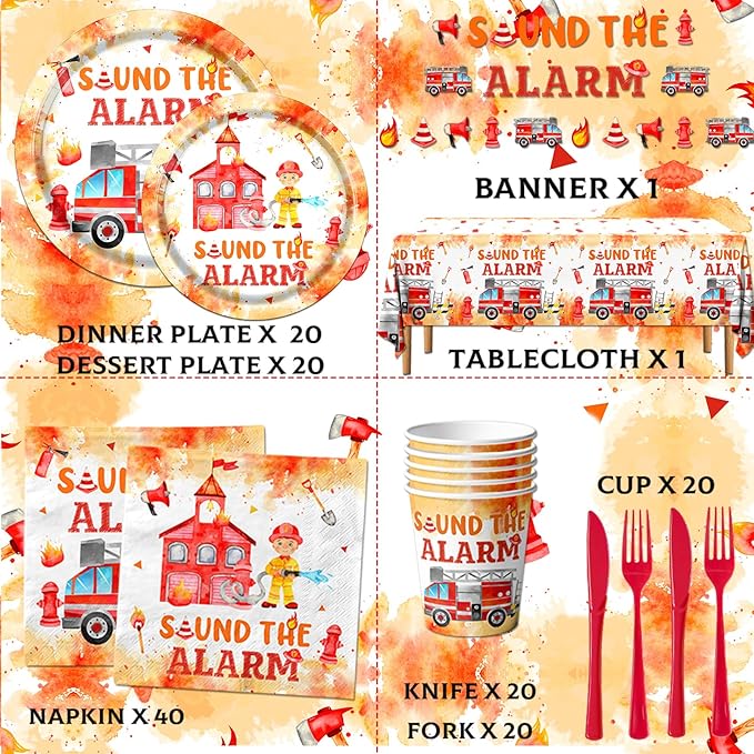 Firefighter Birthday Party Decorations, Firetruck Birthday Decorations 142pcs Tableware Set Include Plates,Napkins,Cups,Banner,Sound The Alarm Tablecloth For Fireman Fire Truck Party Supplies
