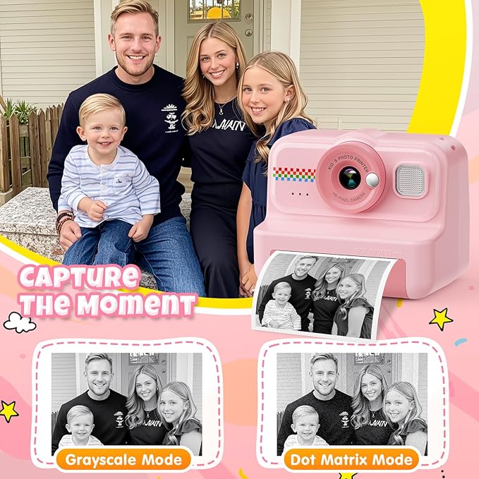 Kids Instant Print Camera, 1080P HD with 3 Rolls Print Paper & 32GB Card, Selfie Digital Camera for Kids, Ideal Gift for Boys & Girls Age 3-14 (Pink)
