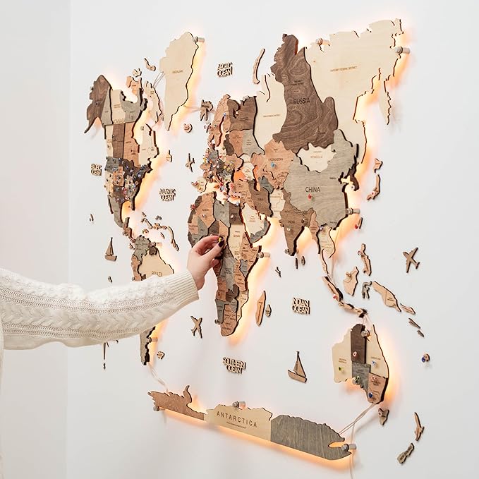 Enjoy The Wood 3D Wood World Map LED 3.0 Wall Art Modern Home Decor Gifts LED Lighting Wall Decor Housewarming Gift (Smokey)