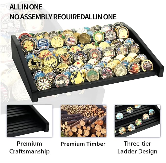 Challenge Coin Display Holder, 12 Rows Solid Wood Military Coin Stand Holds 80-100 Coins, Army Coin Display Rack for Desk (Black Finish)