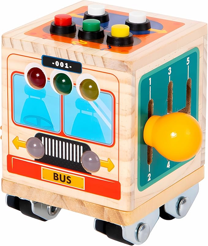 Wooden Activity Cube for Baby,Bus Busy Cube Montessori Travel Toys for Toddler 1 Year Old