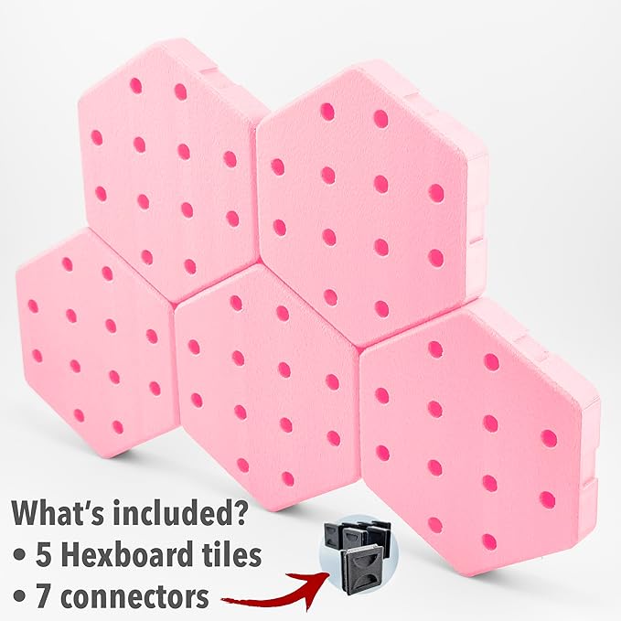 Hexagon Pegboard Tiles, 4.5"x4" Each, 5-Pack, Normal-Sized Holes, Make Custom Designs, Easiest to Mount, Expand Existing Pegboard or Fill in Unused Space, Hexboard (Peony Pink, 4 Inch)