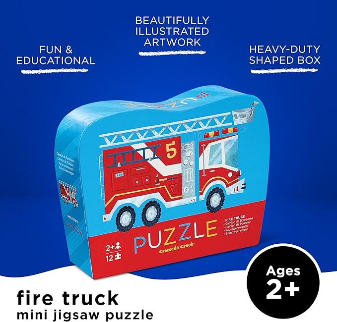 Crocodile Creek 12-Piece Mini Jigsaw Puzzle - Fun Floor Puzzles for Kids Ages 2-4 and Up - Heavy-Duty Shaped Box for Storage - Fire Truck - 12" x 9" Finished