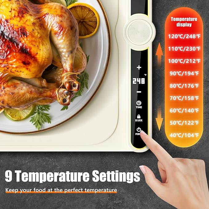 Warming Mat for Food extra large, Silicone Heating Mat For Food, 15"x31.6" Foldable Food Warming Mats for Countertops, Parties, and Daily Use with Timer and 9 Temperature Levels
