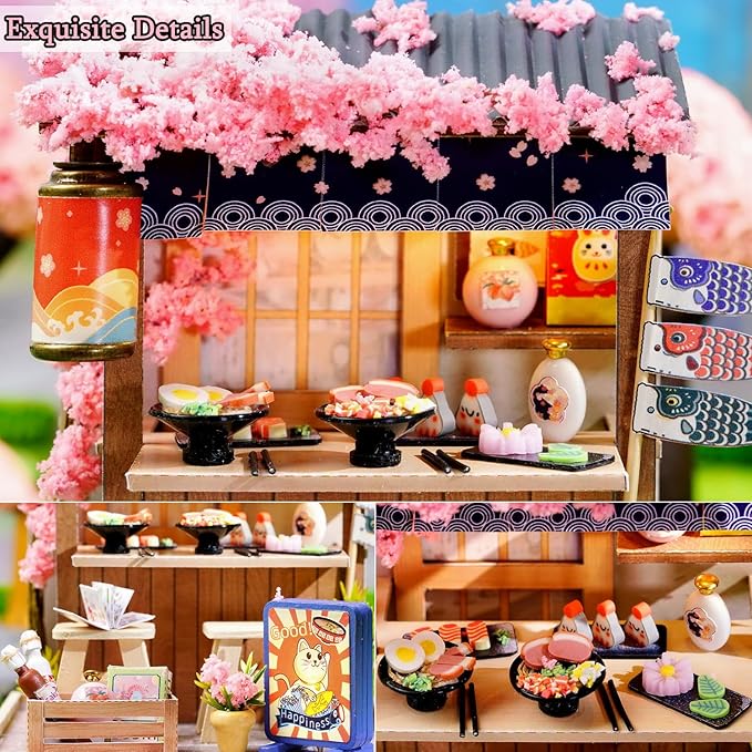TuKIIE DIY Miniature Dollhouse Kit with Furniture, 1:24 Scale Creative Room Mini Wooden Doll House Plus Dust Proof for Kids Teens Adults(Sakura Noodles Shop)