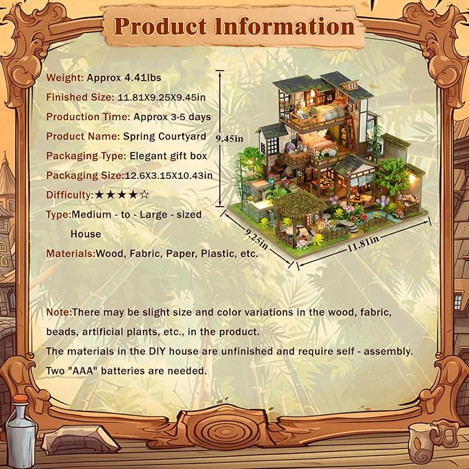 Miniature House Kit, Book Nook, 3D Wooden Puzzle, DIY Miniature Kit, Dollhouse Kit, Mini House Building Kit, Doll House Kits for Adults Teen to Build (Spring Courtyard)