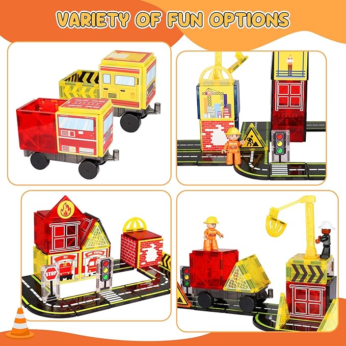 Magnetic Tiles Road Set with Fire Trucks & 2 Dolls, Double-Sided Magnet Tiles with 2 Cranes, Toys for Boys Ages 3-5 5-7, STEM Learning Construction Toys Include Car, Stations, Signs, Gifts for Kids 3+