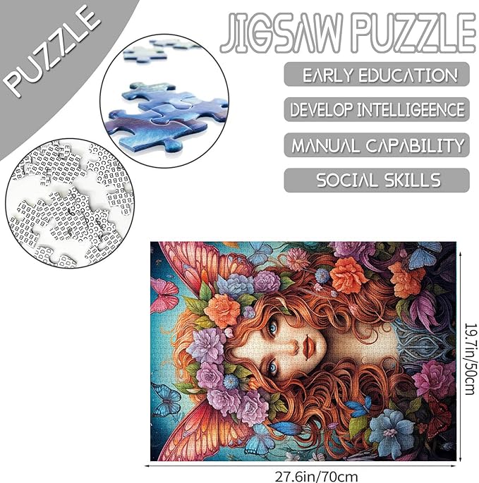 Tucocoo Flower Fairy Girl Jigsaw Puzzle 1000 Pieces Puzzles for Adults, Butterfly Woman Art Jigsaw Puzzles for Challenging Family Activity Games 27 x 20 inch Colorful DIY Puzzle for Home Decor Gifts