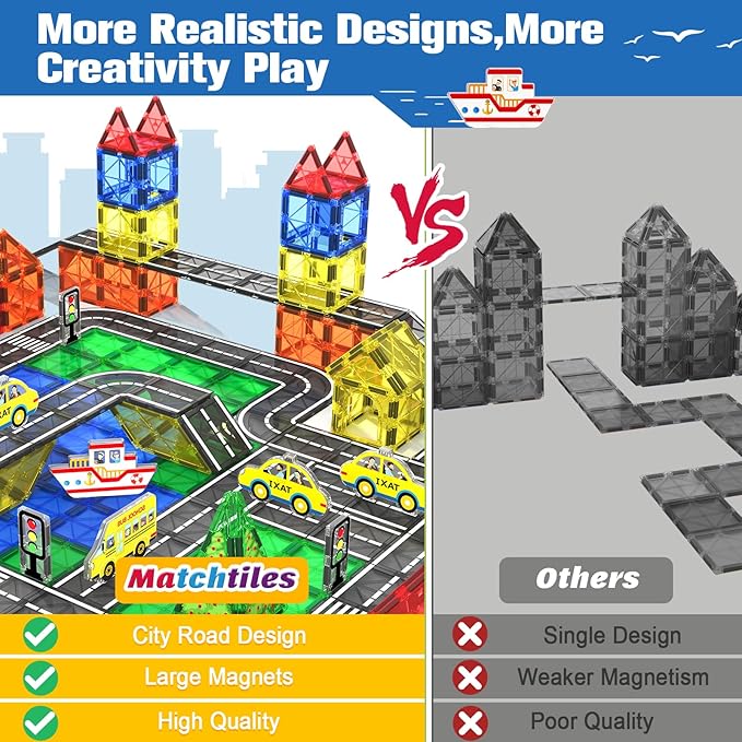 Magnetic Tiles Road Toys for 3+ Year Old Toddler, Magnetic Blocks Building Toys for Kids Ages 3-5 5-7 Girls Boys, STEM Montessori Sensory, Classroom Must Haves