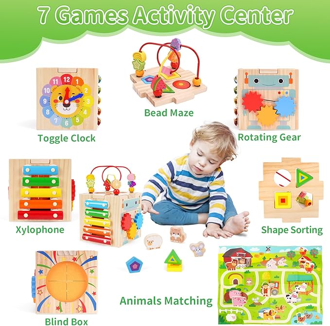 Toddler Wooden Activity Cube Toys, Montessori Toys for 1 2 3 Year Old Boy Girl, Educational Learning Toy for Toddlers 1-3 2-4 Years, Sensory Infant First 1st 2nd one two Christmas Birthday Gifts
