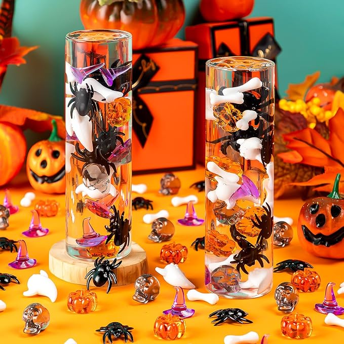 110 Pcs Halloween Vase Filler, Mini Acrylic Pumpkin Ghost Skull Spider Witch Hats Gems for Centerpieces Table Decorations, Halloween Sensory Bin Filler for DIY Crafts