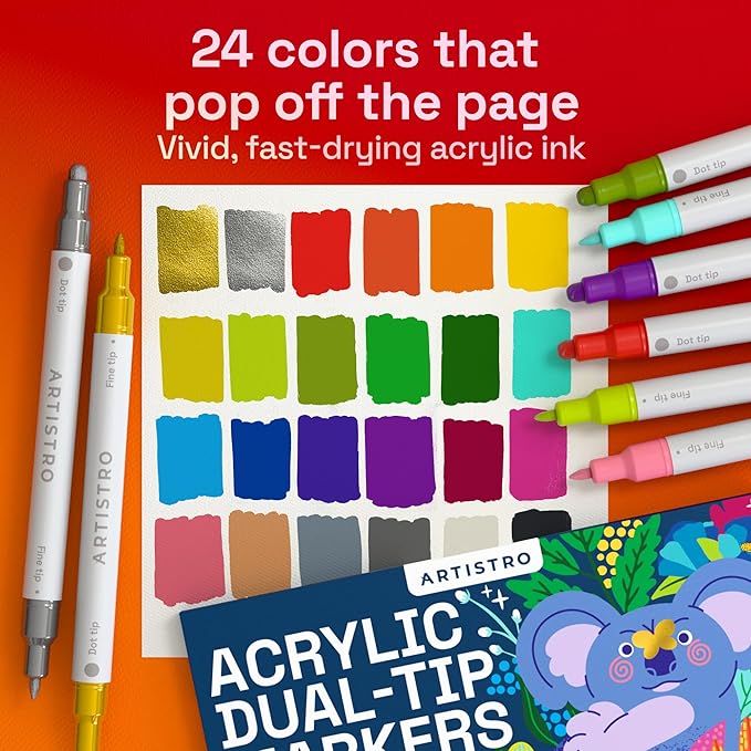 ARTISTRO 24 Acrylic Paint Markers for Rock, Fabric, Wood, Glass, Craft, Decoration - Dual-Tip Paint Pens - Stocking Stuffers, Christmas Gift Idea for Teens, Grandkids, Kids - Art Supplies