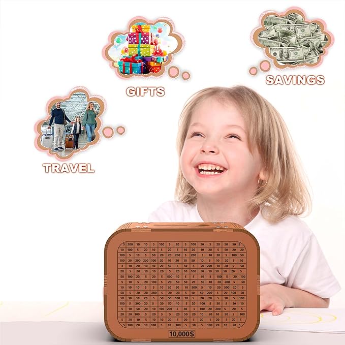 Money Saving Box, Cash Vault Wooden Savings Challenge Box for 10,000 5000 3000 1000 Dollar Target, DIY Puzzle Cash Saver Box Reusable Money Box with Counter Coin Bank for Adults Kids Boys Girls