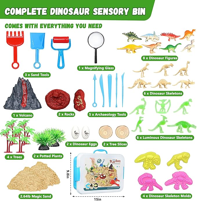 Pakimio Dinosaur Sensory Bin with Lid, 2.64lbs Magic Sand, Dino Figures & Skeletons, Archaeology & Sand Tools, Scenic Elements, Play Sand Kit Dinosaur Toys for 3 4 5 6 7 8+ Year Old Boy Birthday Gift