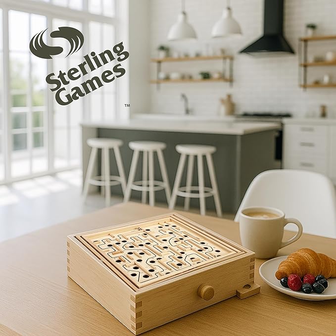 STERLING Wooden Labyrinth Marble Maze Game, Large 12.75" x 11.5" Tilt Maze Game Board with 60 Waypoints and Marble Balls Included, for Kids and Adults 6 Years and Up