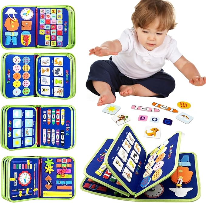 Montessori Busy Board - Busy Book for Toddler 3 4 Educational Toys for Boys Girls, Sensory Activity Board, Fine Motor Skills Learning Gift (Blue)