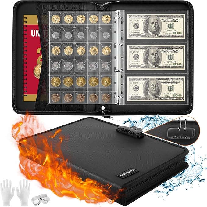 Coin Collection Book with Lock,Fireproof Holders for Collectors,300 Pockets Coin Collection Supplies & 72 Sleeves Currency Storage Case,Coin Organizer Collecting Album for Bill,Pennies,Quarters,Stamp