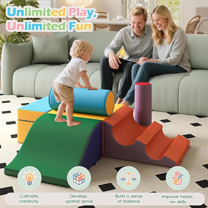 MU Soft Climbing Toys for Toddlers, Soft Foam Climbing Blocks, PU Leather Gym Climb & Crawl Soft Activity Playset, Indoor Climbing Toys Equipment for Kids and Children, Classic Yellow