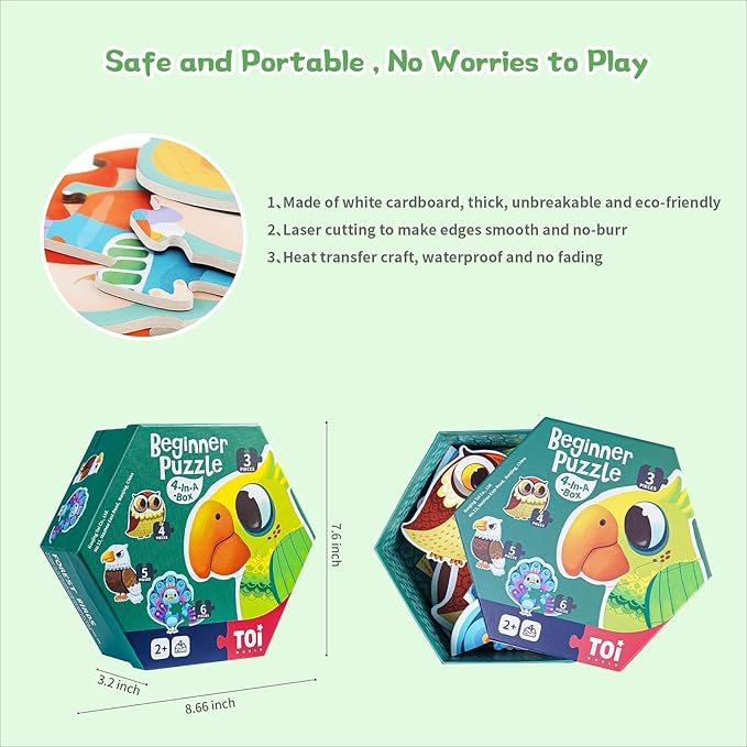 TOI Large Piece Toddler Puzzles for 2-4 Years Old, 4 Packs Beginner Puzzles for Toddlers, Kids Big Shape Preschool Learning Puzzle for Boys Girls Gift, Forest Birds