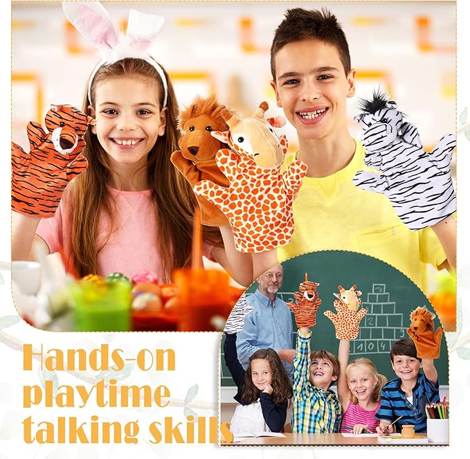 Hungdao 12 Pieces Hand Puppet Zoo Animal Plush Puppets Cute Animal Plush Pretend Educational Toys with Tiger Lion Bear Leopard Design for Telling Story Teaching Role Play