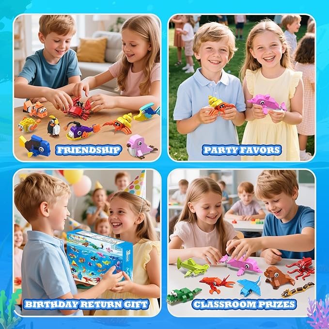 HOGOKIDS 30 Pack Animals Party Favors for Kids, 824PCS Mini Marine Animal Building Block Sets for Goodie Bags Filler Classroom Prizes, Easter Basket Stocking Stuffer Birthday for Boys Girls 6+
