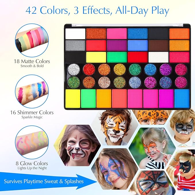 Kids Face Painting Kit, Non-Toxic Water-Activated 42 Vibrant Colors, 200 Glitter Gems & 40 Stencils & Brushes & Sponges | Gentle Face Paint Makeup Set for Halloween, Birthdays, Parties, Easy to Wash