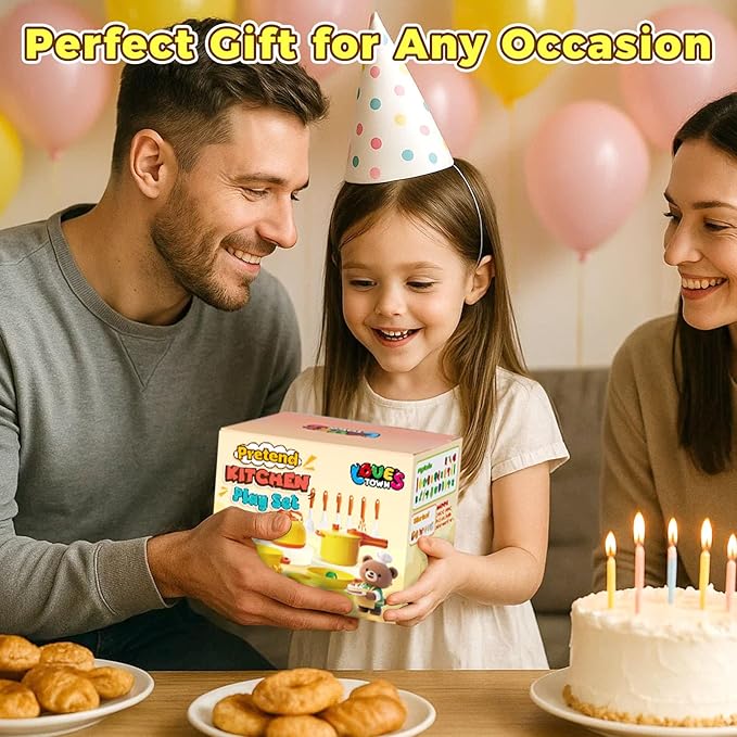 LovesTown 59PCS Pretend Play Food Set for Toddler, Yellow Toys Pots and Pans for Kids with Basket Kitchen Toys for Girls Boys Birthday Gifts