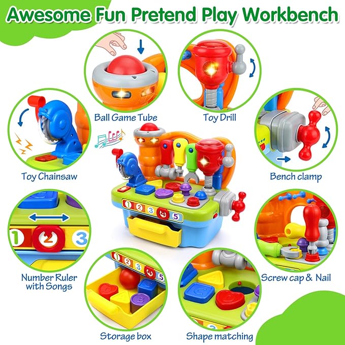 Toys for 1 Year Old Boy, Musical Toddler Tool Bench, Montessori Educational Toys with Sound Lights Effect, Shape Sorter, One Year Old Boy Birthday Gift, Engineer Pretend Play Workbench