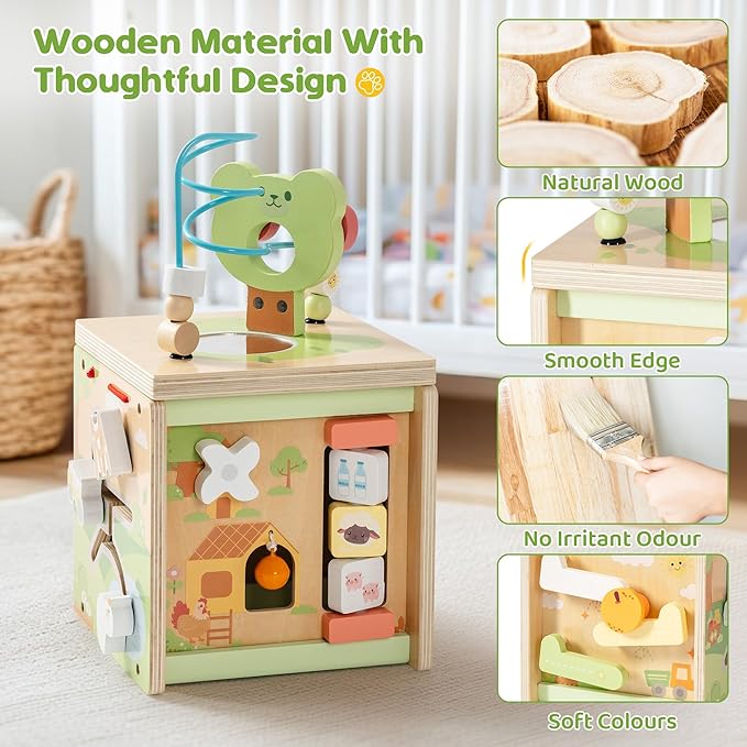 ROBOTIME Wooden Activity Cube with Bear Orchard Theme, 9-in-1 Montessori Toys for 12M+ Boys & Girls, Educational Learning Toys for Toddlers Age 1-3, 1st Birthday Gift