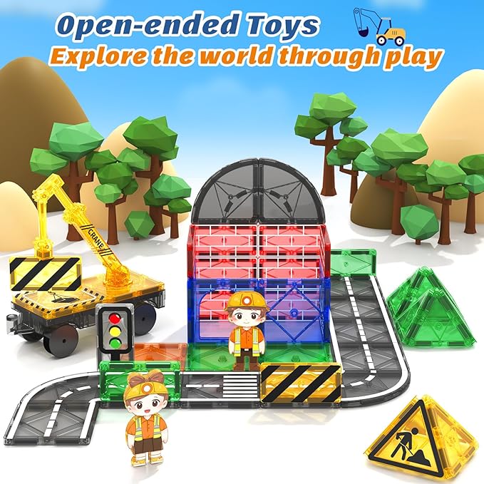 Kids Games Magnetic Tiles Road Set with Extendable Magnetic Crane, City Construction Building Toys for Toddlers STEM Preschool Ages 4-6 5-7, Gifts for 3+ Year Old Boys Girls Kids Toys with Car