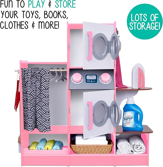 Lil’ Jumbl Kids Washer and Dryer Playset, Wooden Children's Pretend Laundry Set, Includes Broom, Dustpan, Iron, Hangers & Basket, Realistic Laundry Room for Kids - Pink