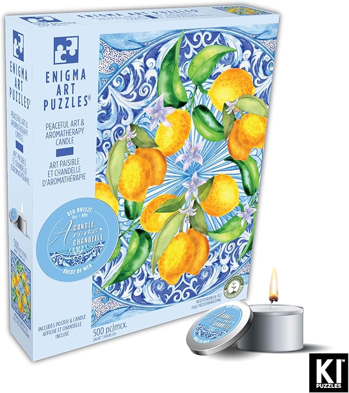 KI Puzzles 500 Piece Puzzle for Adults Aromatherapy Mediterranean Tile Jigsaw + Scented Candle Playview Brands