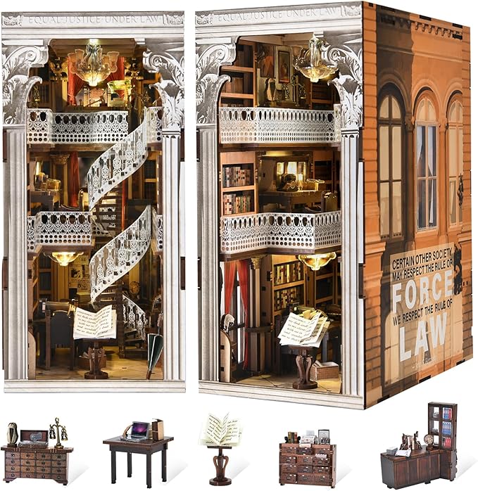DIY Book Nook Kit for Adults and Teens, Miniature Dollhouse Booknook Kit, 3D Wooden Puzzle Booknook Bookshelf Bookcase Model Build Kit Decor Alley with LED Light (Law Library)