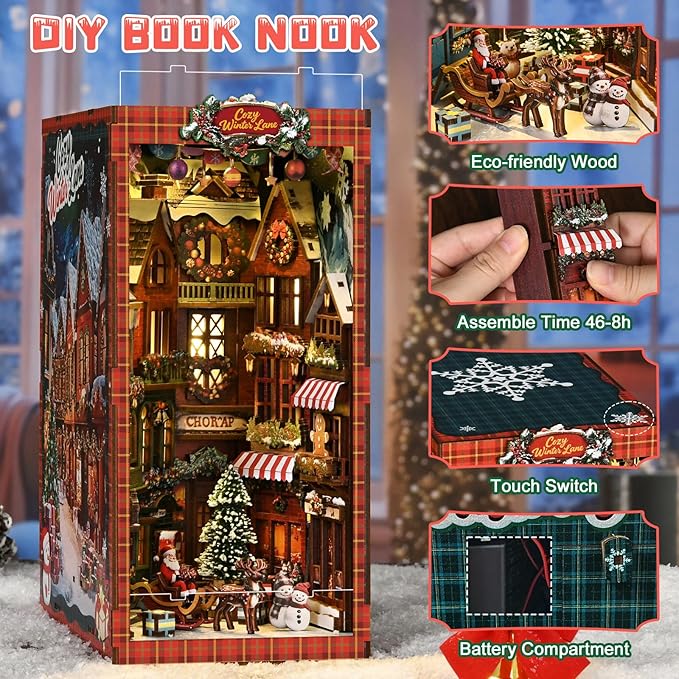 DIY Miniature House Kit, Mini House Building Kit, DIY Book Nook Kit, Tiny Model House for Adults to Build, Beginner 3D Wooden Book Nook, for Family Friends (Christmas Corner)