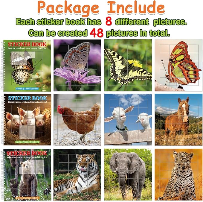 6 Pcs Paint by Sticker Books for Kids Ages 4-8 - Sticker by Number Activity Books with 48 Animals Dogs Cats Pictures Fun Art Puzzle Crafts for Toddlers Ages 3-5 Girls Boys Birthday Gift