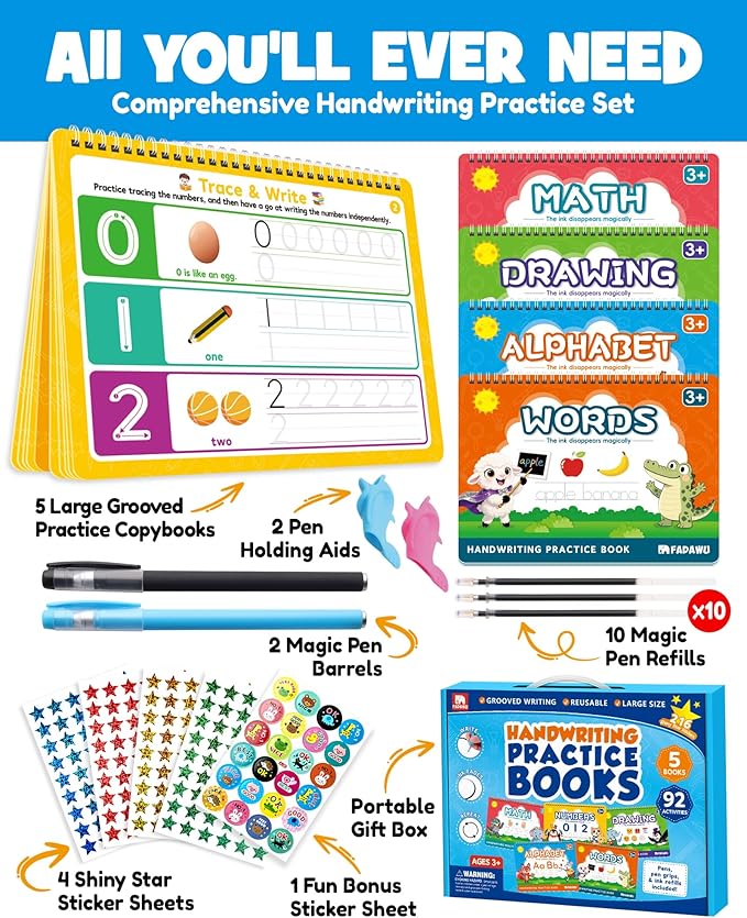 Magic Grooved Writing Practice Books for Kids, Large Grooved Handwriting Copybook, Reusable Learn to Write Number Letter Tracing Workbook for Kids Ages 3-8 Preschool Calligraphy 11"x8"