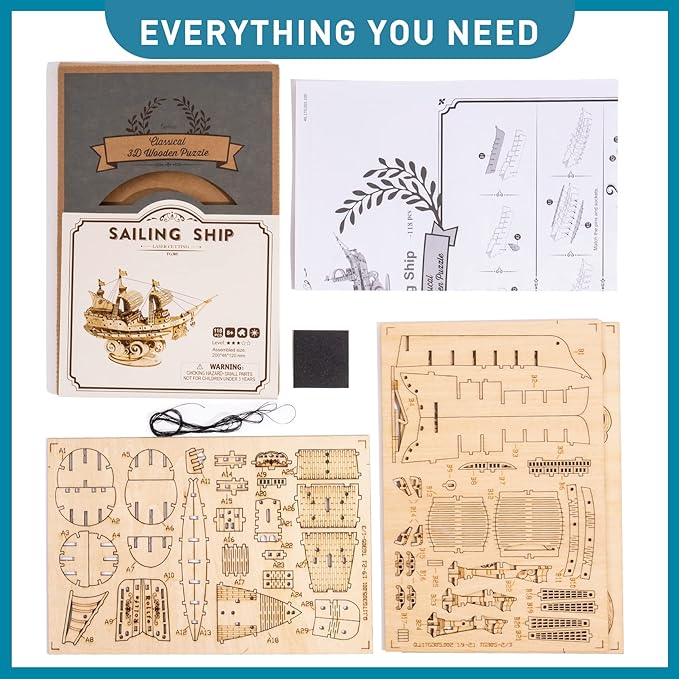 RoWood 3D Wooden Puzzle for Adults, Vintage Wooden Watercraft Model Sailboat Kit to Build, Best Gift Ideas Crafts Kit for Adults - Sailling Ship