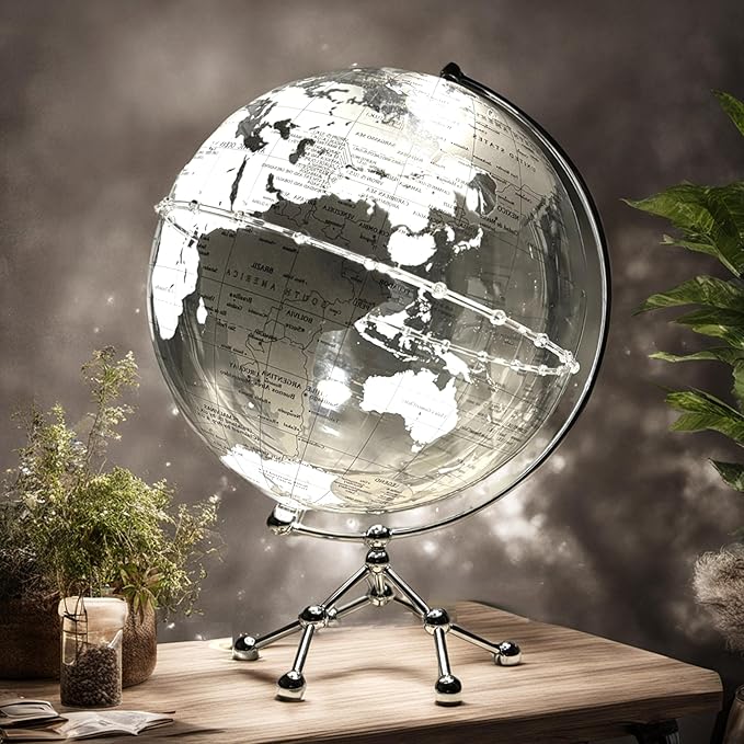 Generic Silver Earth Globe Desk Lamp, Touch Switch, Globe Diam. 25 cm, Warm White Light