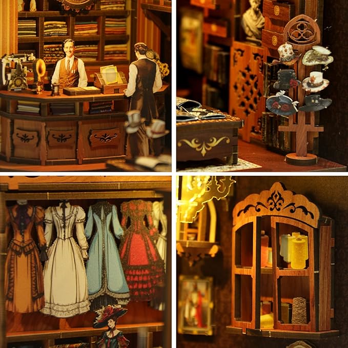 ISSEVE Book Nook Kit, DIY 3D Wooden Puzzle Dollhouse Booknook for Adults, Tiny Miniature House Kit Bookshelf Decor with LED Light and Dust Cover, Gifts for Family and Friends (Royal Seamer)