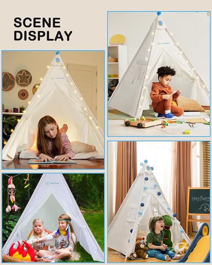 Teepee Tent for Kids with Inflatable Airbed, String Lights, Balloons, Pump, Washable Slumber Party Tent with Size 65"x51"x71", Playhouse Tent for Playtime and Sleepover