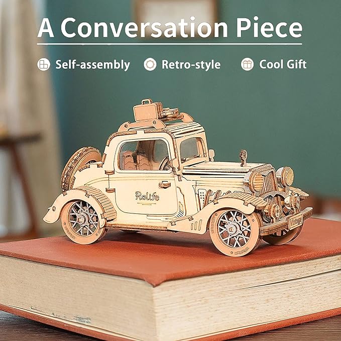 Rolife 3D Wooden Puzzles Retro Car Model - Collectibles Wooden Model Kits for Adults Desk Toys Display Gift for Adults (Vintage Car)