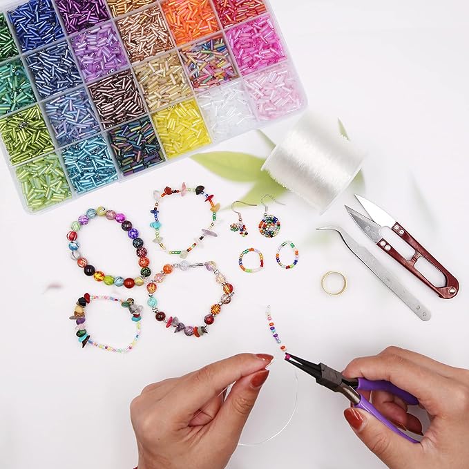 EuTengHao 9600pcs Tube Beads Kit Glass Bugle Seed Beads Small Craft Beads for DIY Bracelet Necklaces Crafting Jewelry Making Supplies with Two Crystal String (7mm, 400 Per Color, 24 Colors)