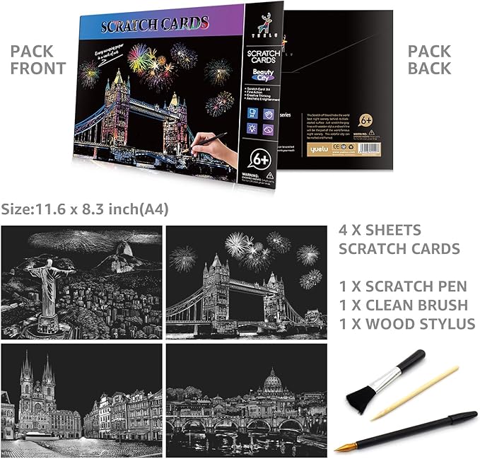 Rainbow Scratch Art Painting Paper (A4) for Adults & Kids, DIY Night View Scratchboard, Engraving Art Set: 4 Sheets Scratch Cards & Clean Brush, Drawing Pen (Tower Bridge/Italy/Prague/Brazil)