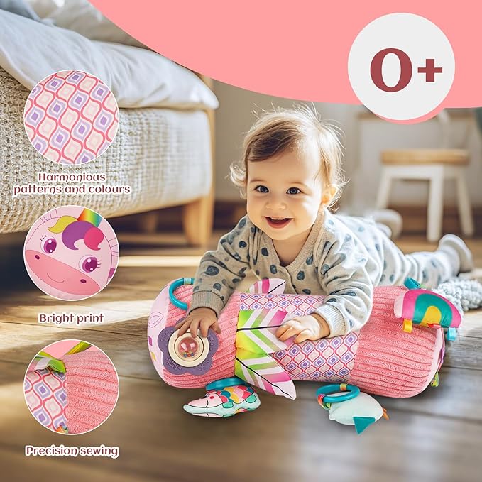 Inflatable Baby Tummy Time Toys Pillow for Newborn, Montessori Baby Sensory Toys Roller with Detachable Mirror, Squeaker, Teether & Rattle, Help with Early Development 3-6 Months (Unicorn)